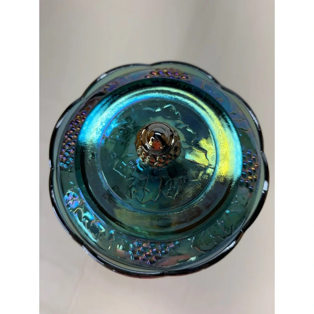 Vtg Carnival Glass Grape Leaf Compote Iridescent Teal Blue Candy Dish Lid 9.75
